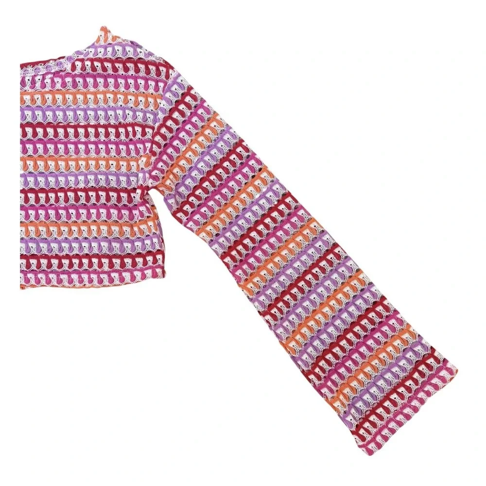 Womens Crochet Knit Crop Top Pink Orange Sheer Long Sleeve Beach Cover Up Boho